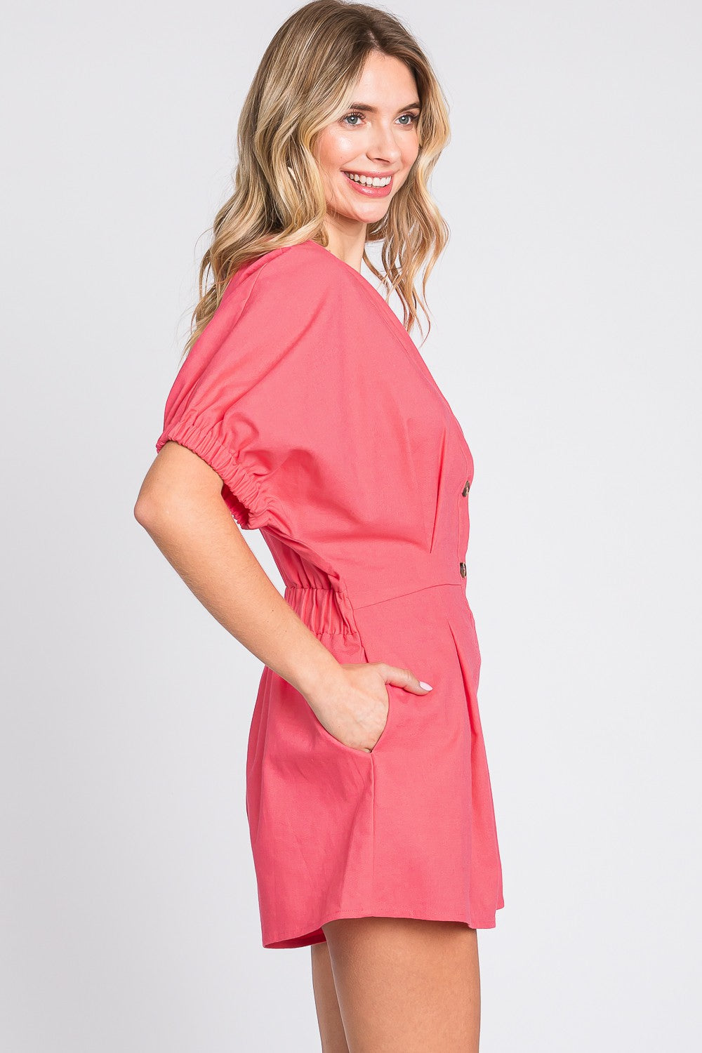 GeeGee Half Button V-Neck Linen Romper 