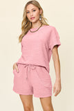 Double Take Full Size Texture Short Sleeve T-Shirt and Drawstring Shorts Set 