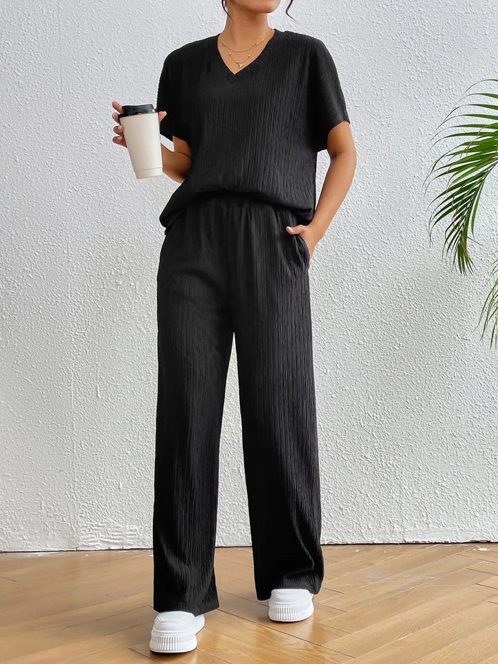 V-Neck Short Sleeve Top and Pants Set Two Piece Dresses