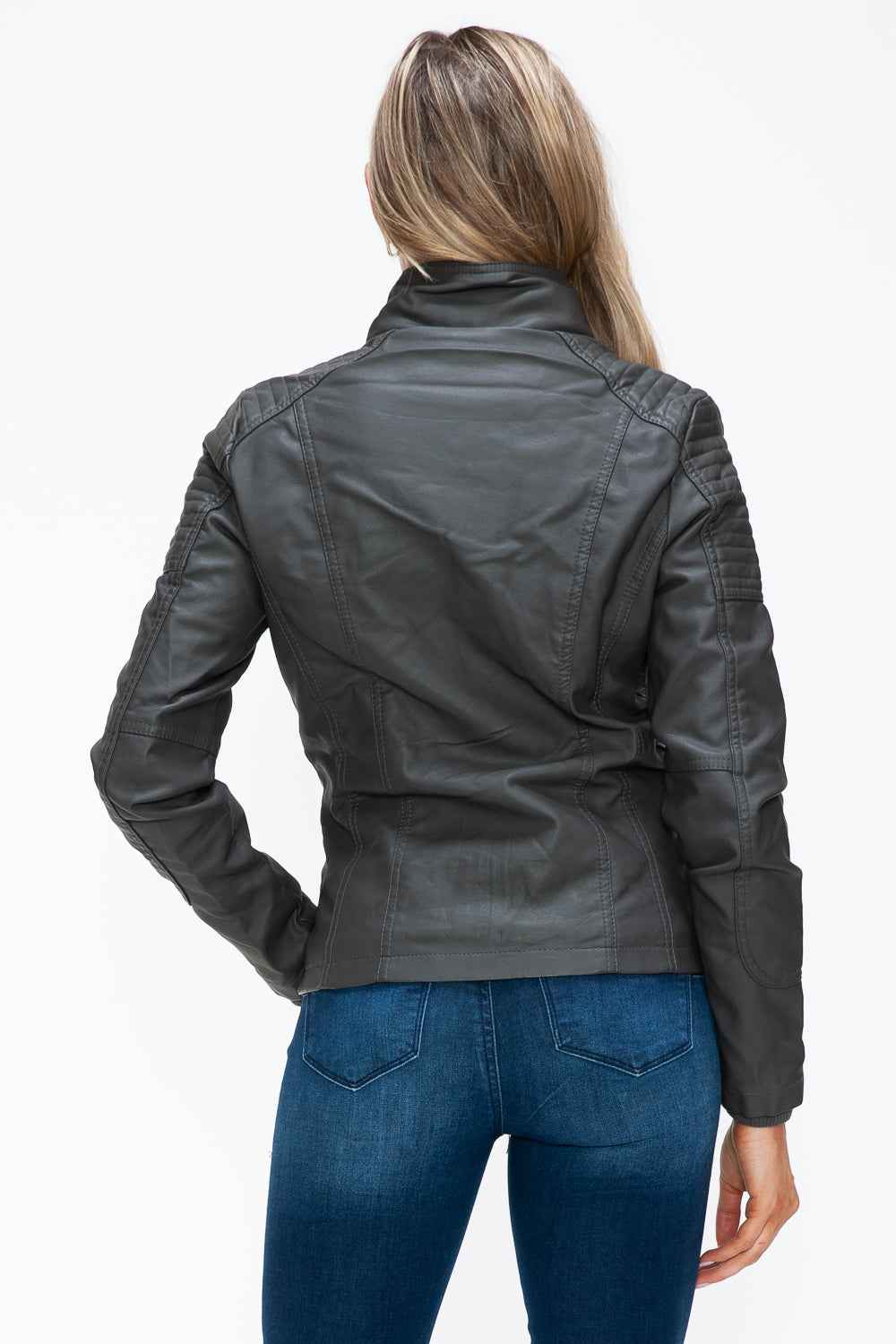 YMI Removable Faux Layered Multi-Pocket Jacket with Fuzzy Hood 