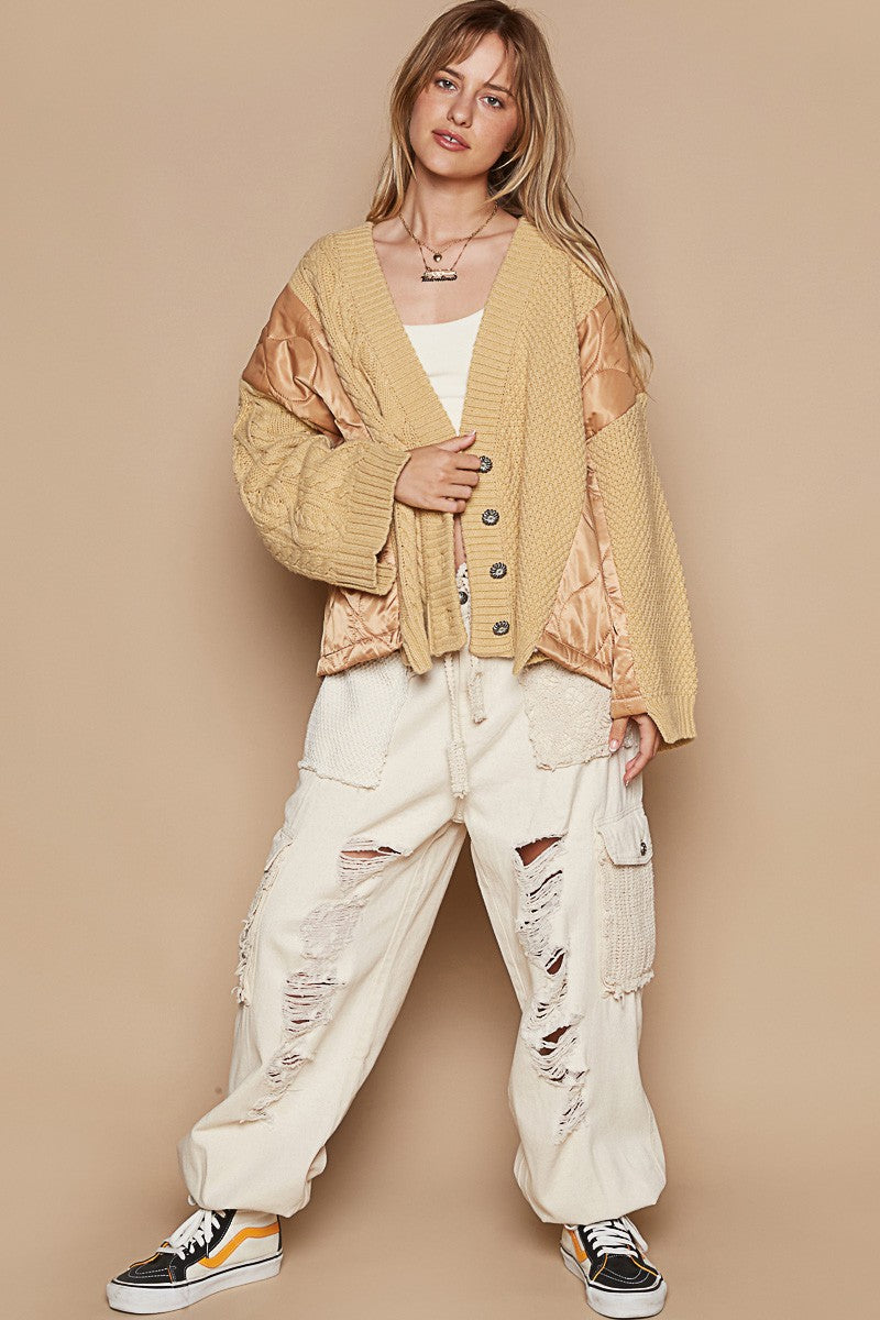 POL Quilting Patch Button Up Cable Knit Jacket 