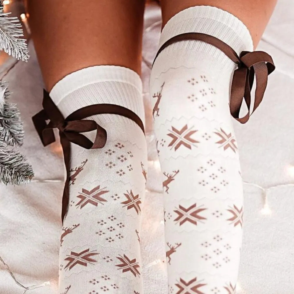 Christmas Element Bowknot Ribbed Trim Over Knee Stockings Lingerie & Nightwear