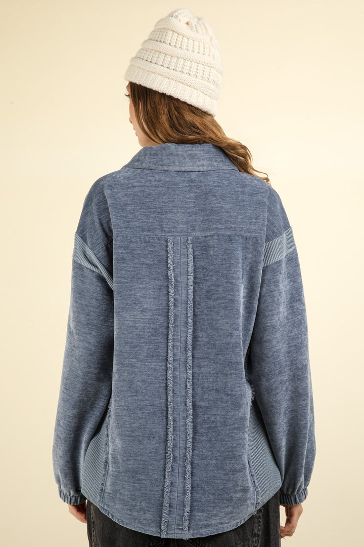 VERY J Mixed Media Button Down Raw Hem Shacket 