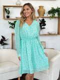Double Take Full Size Printed Ruched V-Neck Long Sleeve Dress 