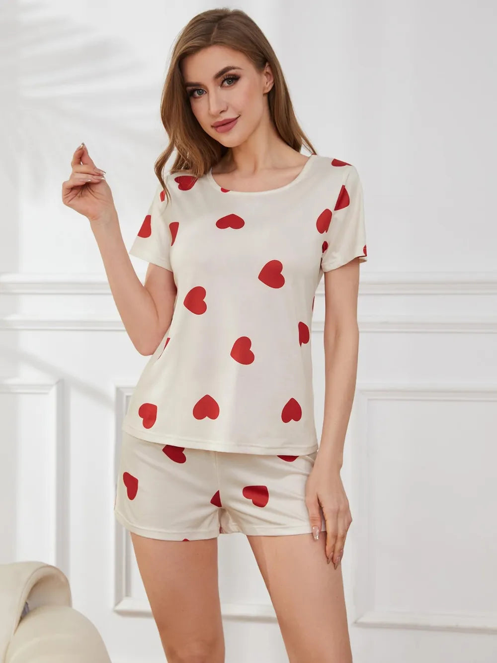 Heart Round Neck Top and Shorts Lounge Set Lingerie & Nightwear