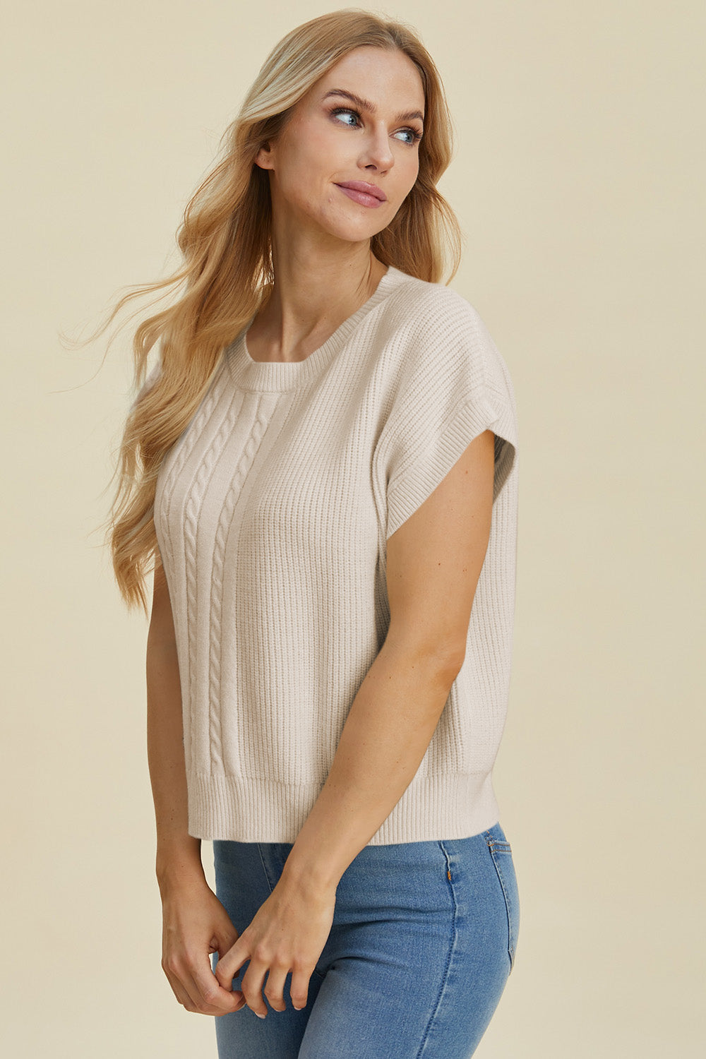 Double Take Full Size Cable-Knit Round Neck Short Sleeve Sweater 