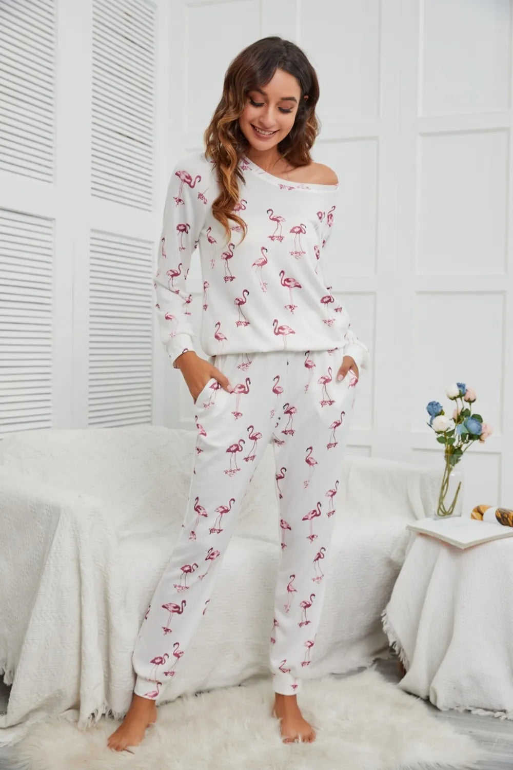 Flamingo Long Sleeve Top and Pants Lounge Set Lingerie & Nightwear