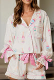 Bow Printed Collared Neck Top and Drawstring Shorts Lounge Set Lingerie & Nightwear