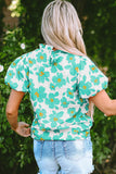 Beige Floral Puff Sleeve Frilled Neckline Blouse Tops/Blouses & Shirts