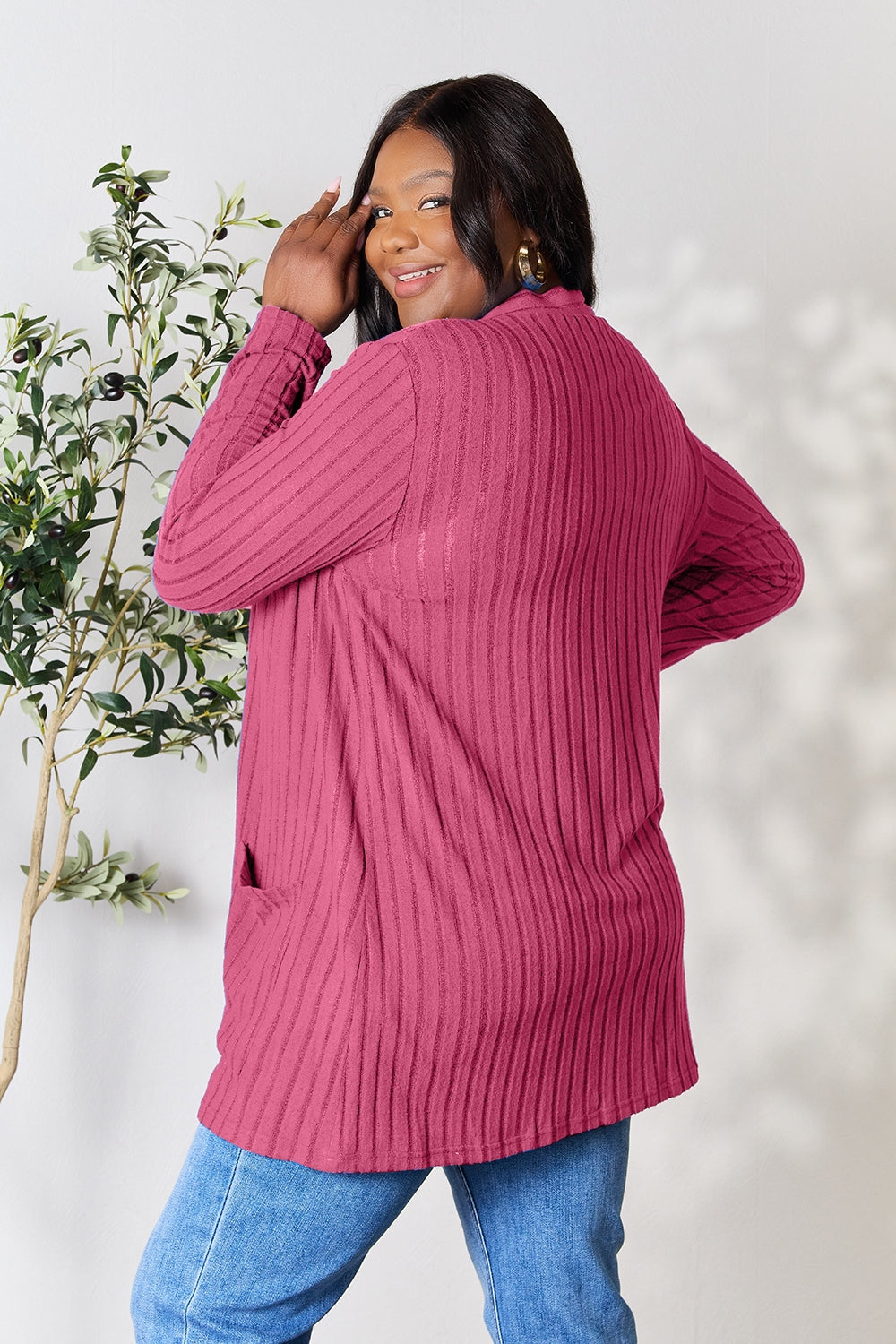 Basic Bae Full Size Ribbed Open Front Cardigan with Pockets 