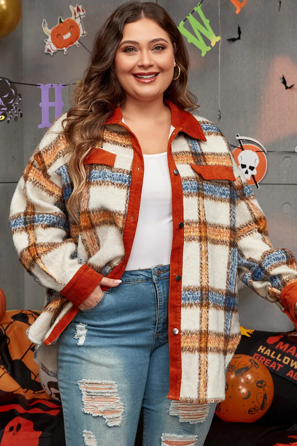 Plus Size Plaid Button Down Jacket 