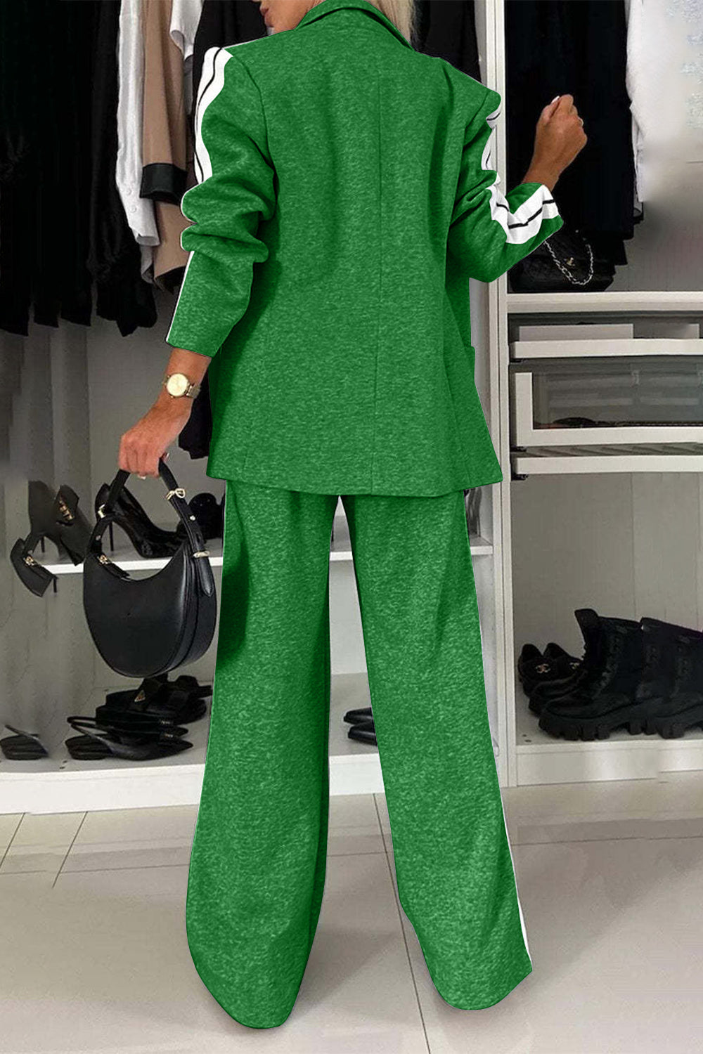 Full Size Contrast Lapel Collar Top and Pants Set 