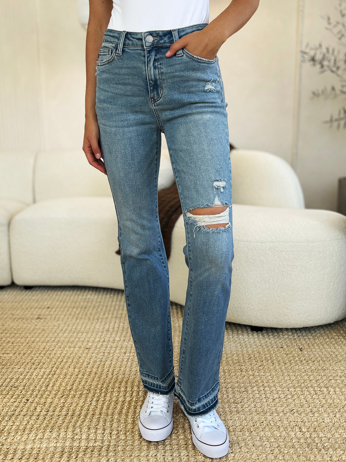 Judy Blue Full Size Mid Rise Destroyed Hem Distressed Jeans 