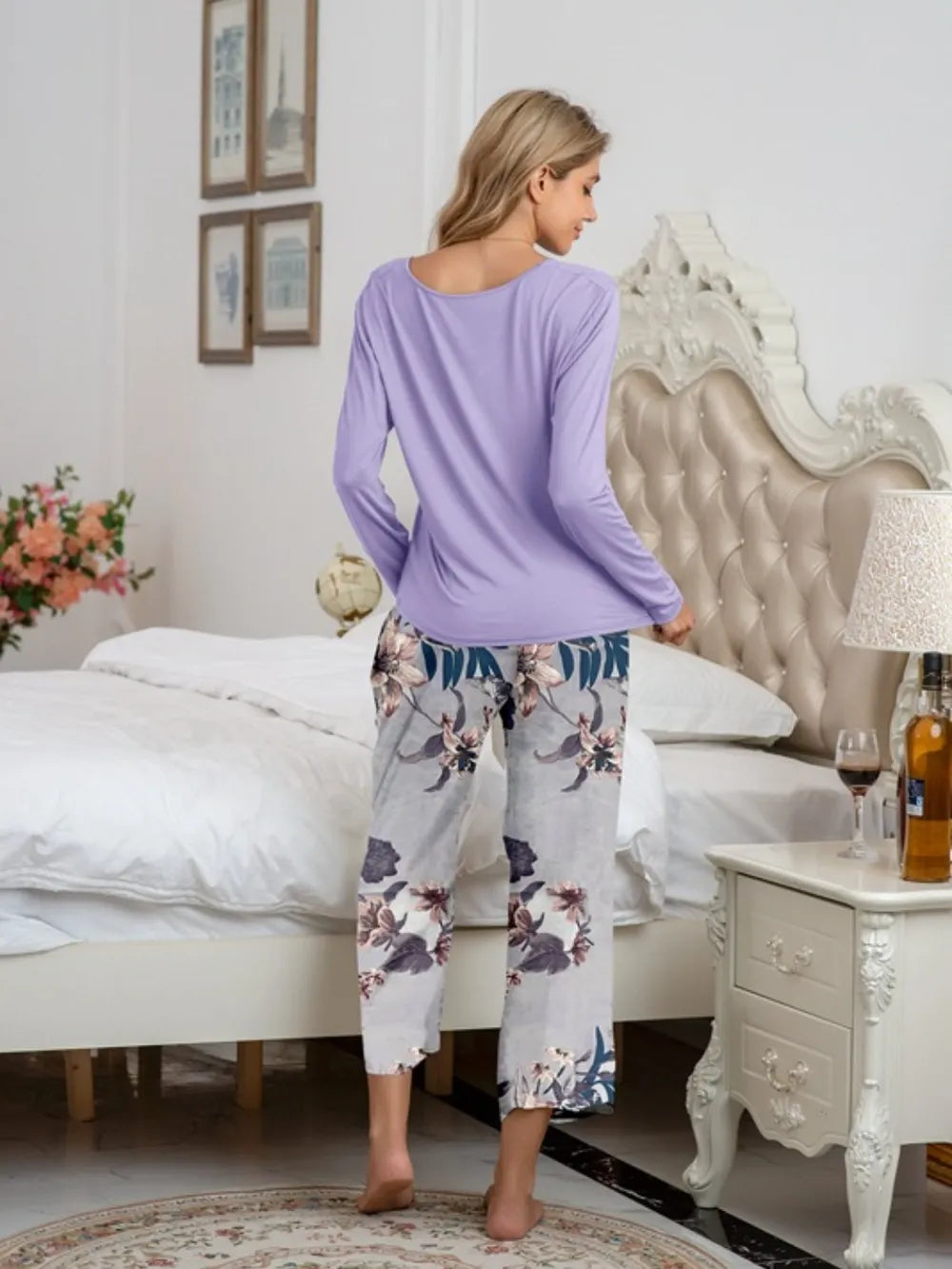 Round Neck Top and Printed Pants Lounge Set Lingerie & Nightwear