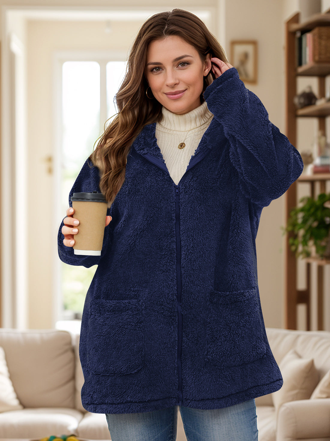 Plus Size Zip Up Long Sleeve Hooded Outerwear 