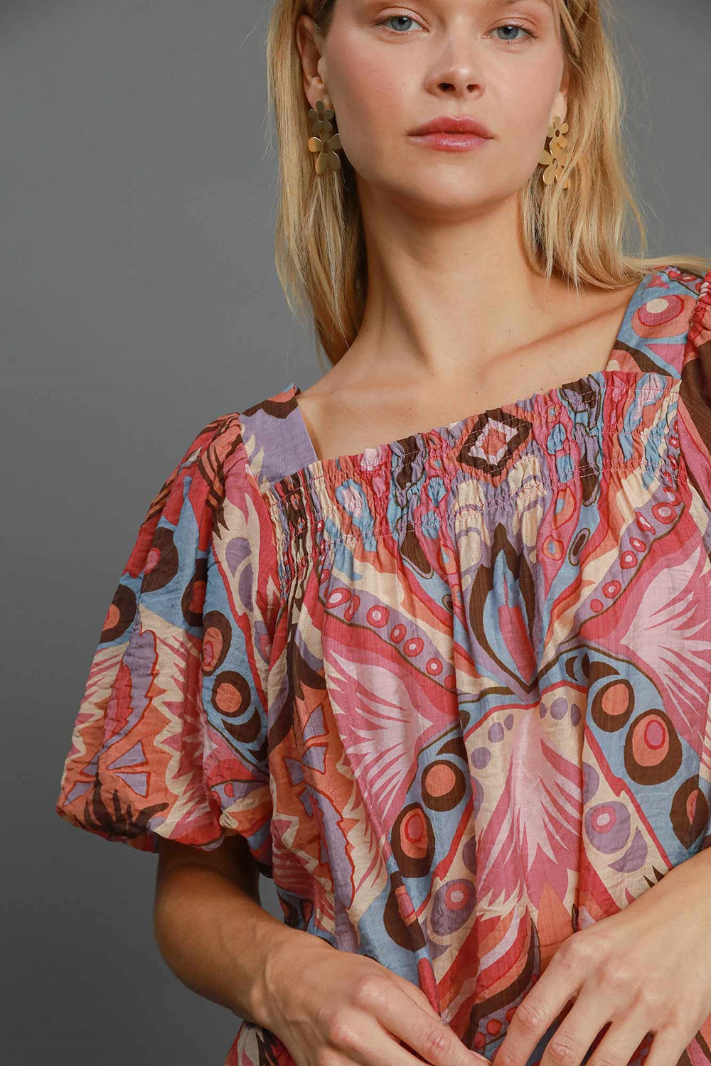 Umgee Full Size Abstract Print Smocked Square Neck Puff Sleeve Blouse 