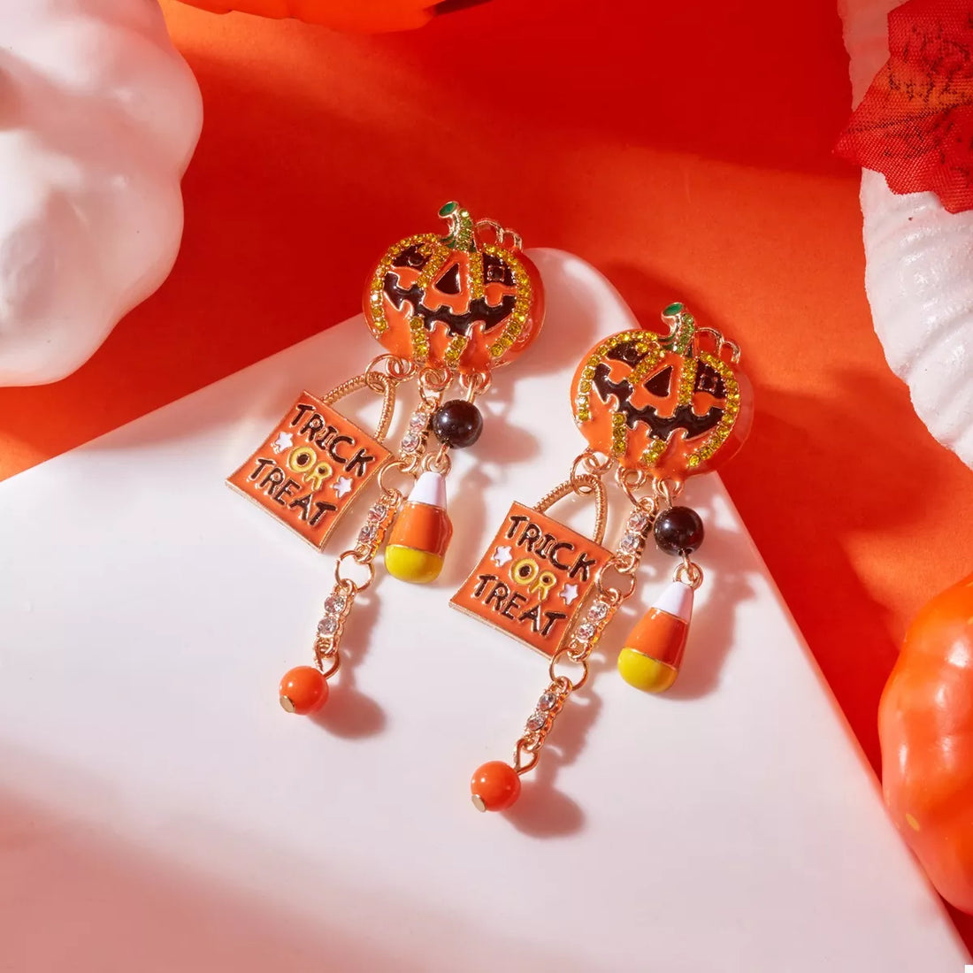 Halloween Rhinestone Pumpkin Drop Earrings 