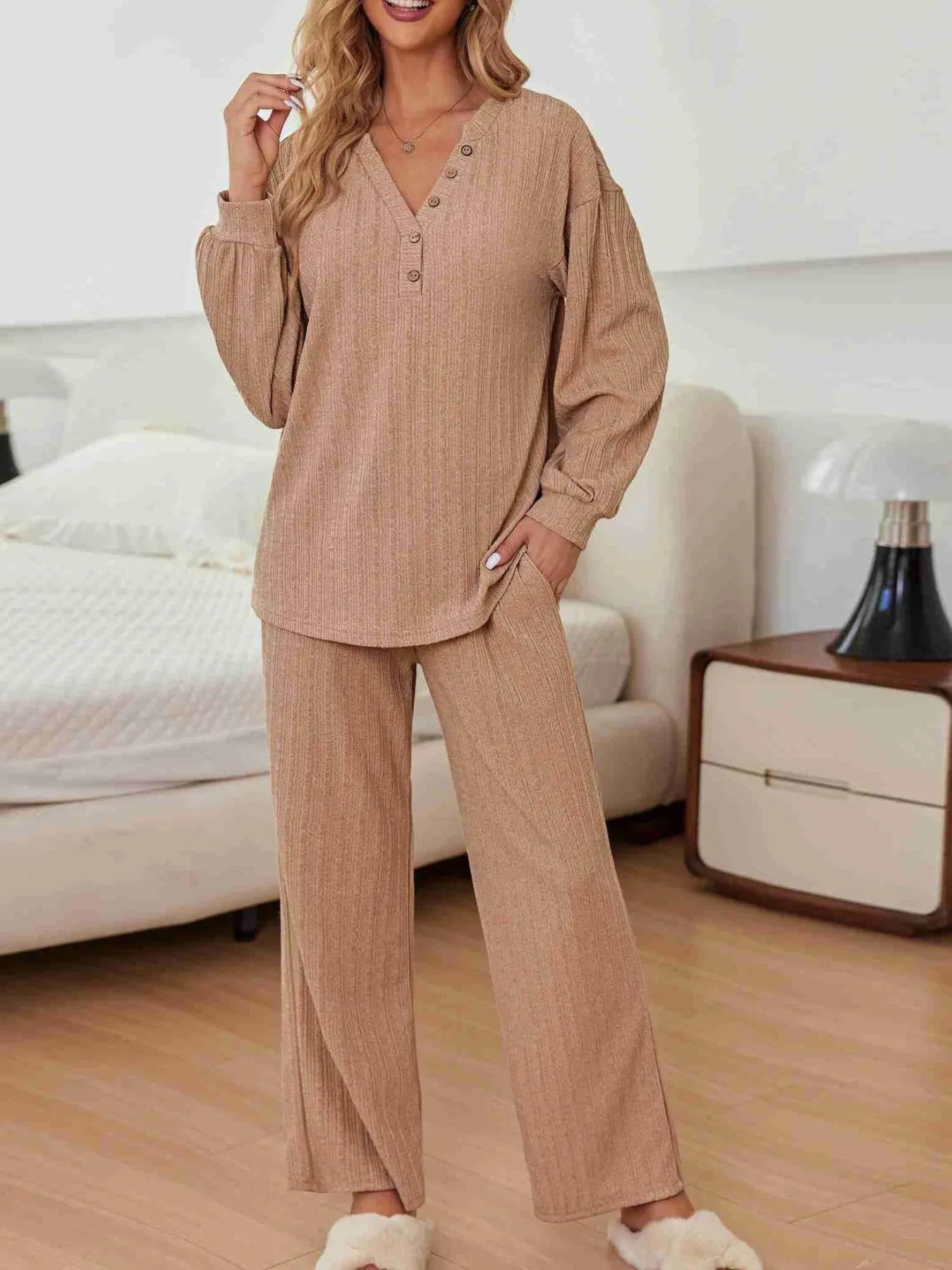 Ribbed Knit Top and Pants Lounge Set with Button Detail Lingerie & Nightwear