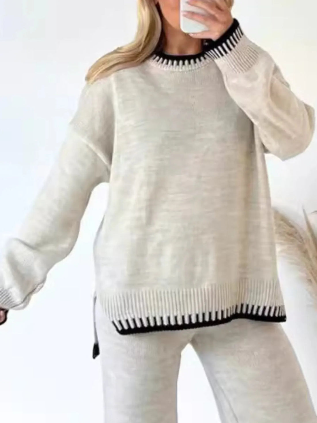 Contrast Trim Round Neck Top and Pants Sweater Set Two Piece Dresses