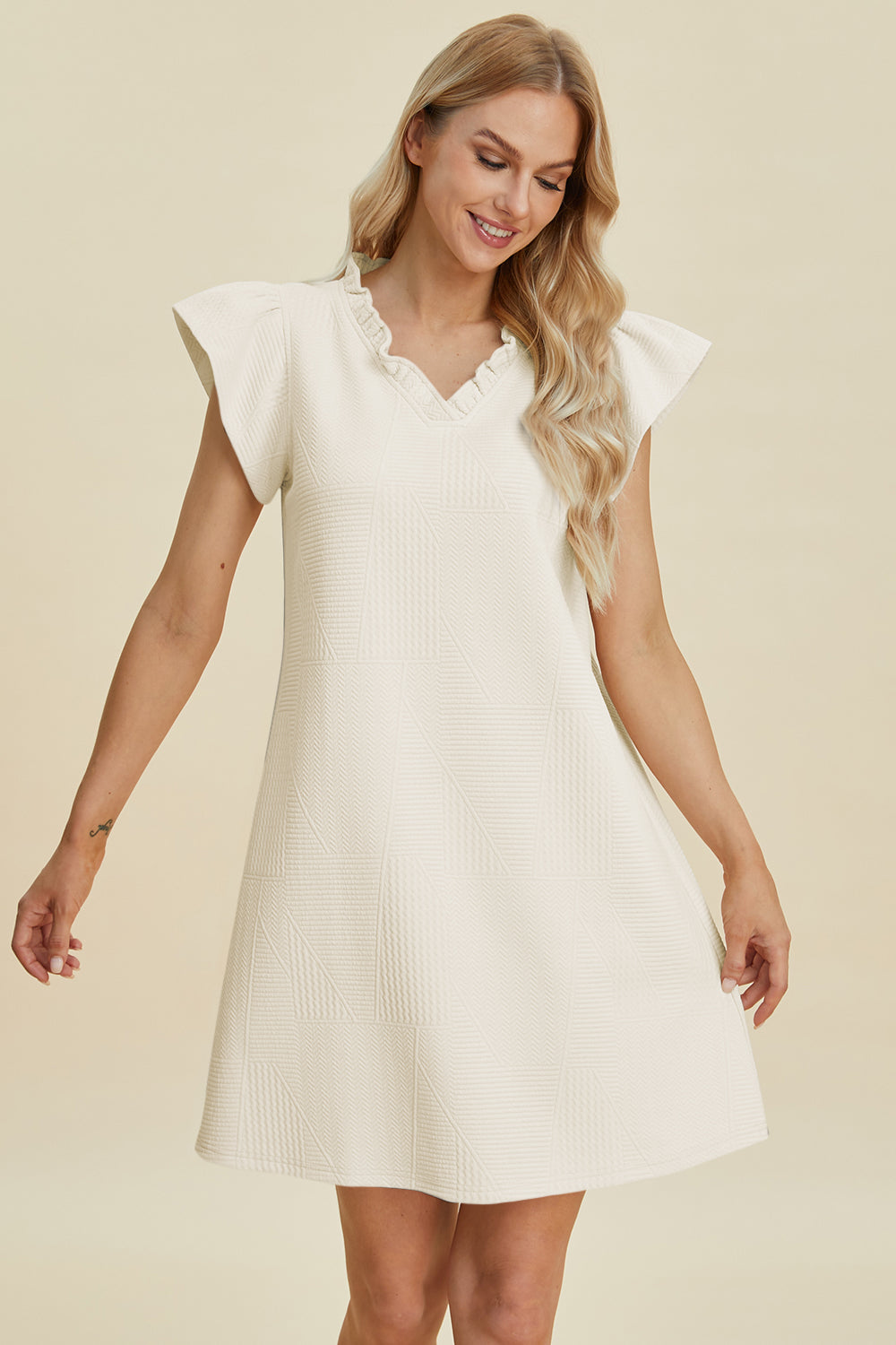 Double Take Full Size Ruffled V-Neck Cap Sleeve Dress 