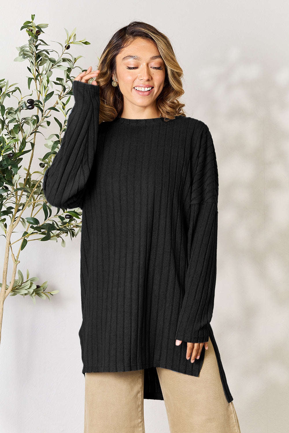 Basic Bae Full Size Ribbed Round Neck Long Sleeve Slit Top 