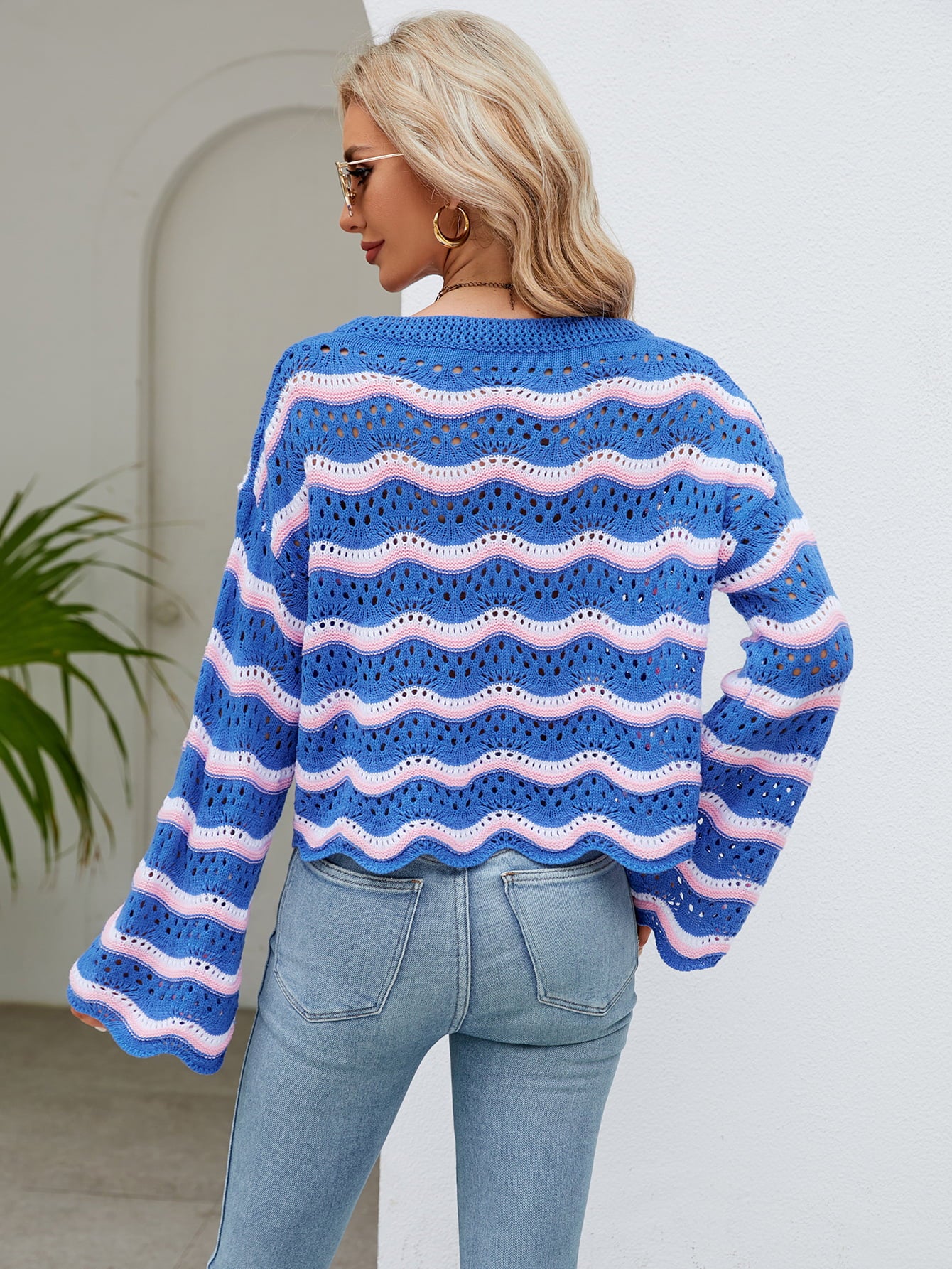 Round Neck Openwork Flare Sleeve Knit Top 