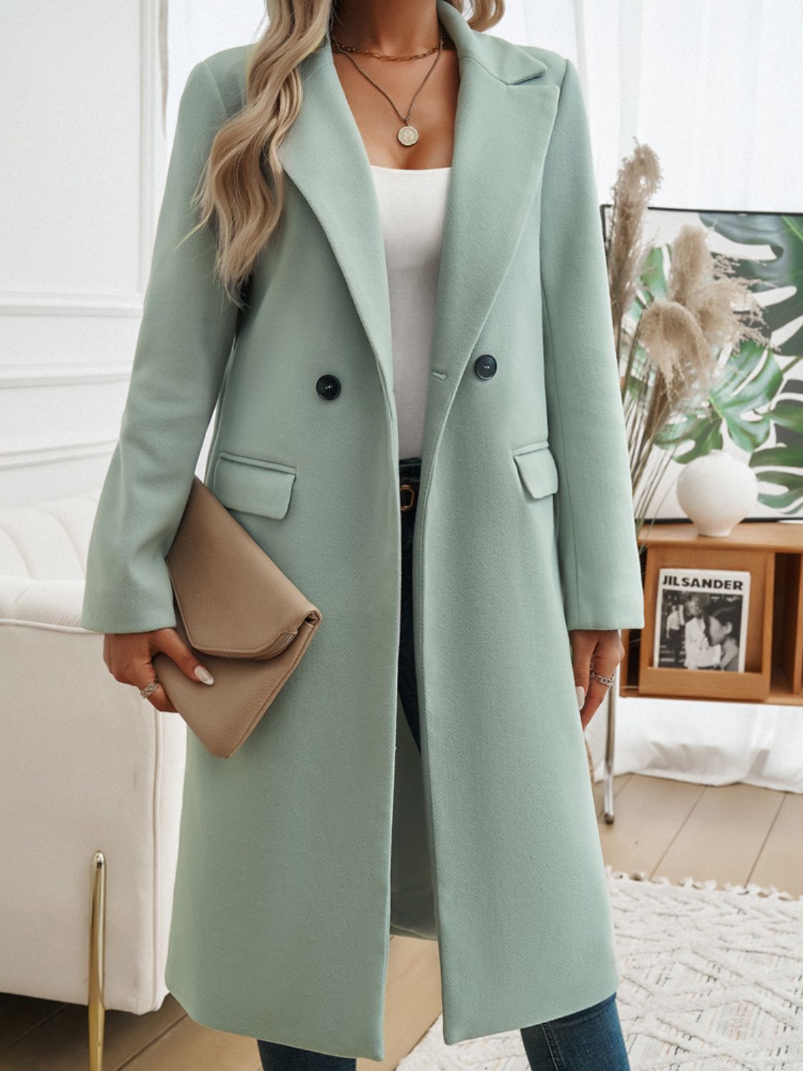 Devine Pocketed Collared Neck Long Sleeve Coat 