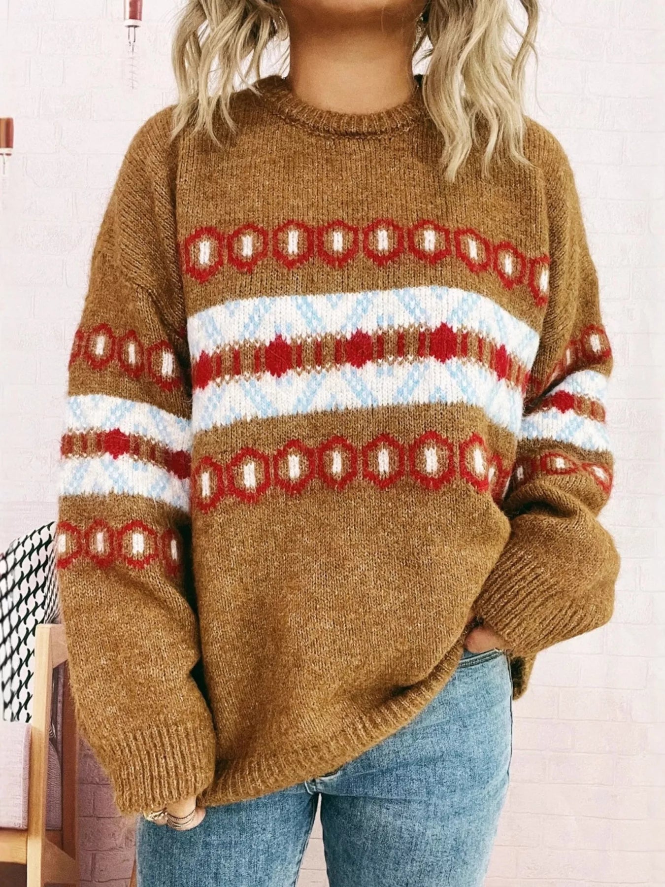 Contrast Round Neck Drop Shoulder Sweater 