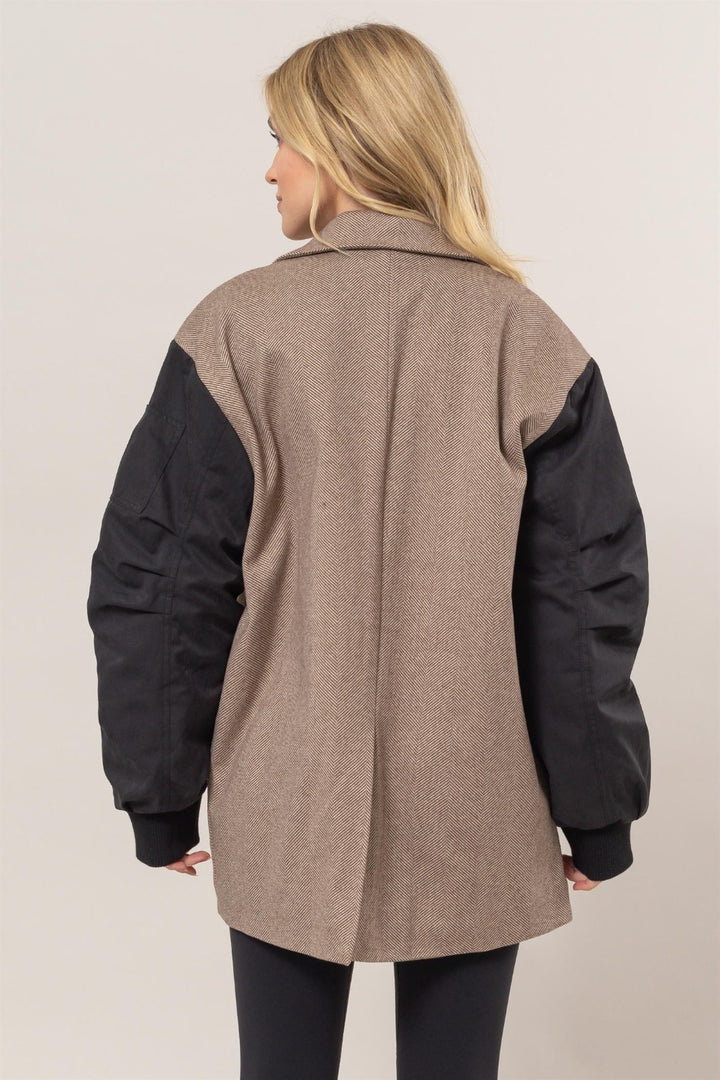 HYFVE Herringbone Mixed Media Contrast Long Sleeve Blazer 