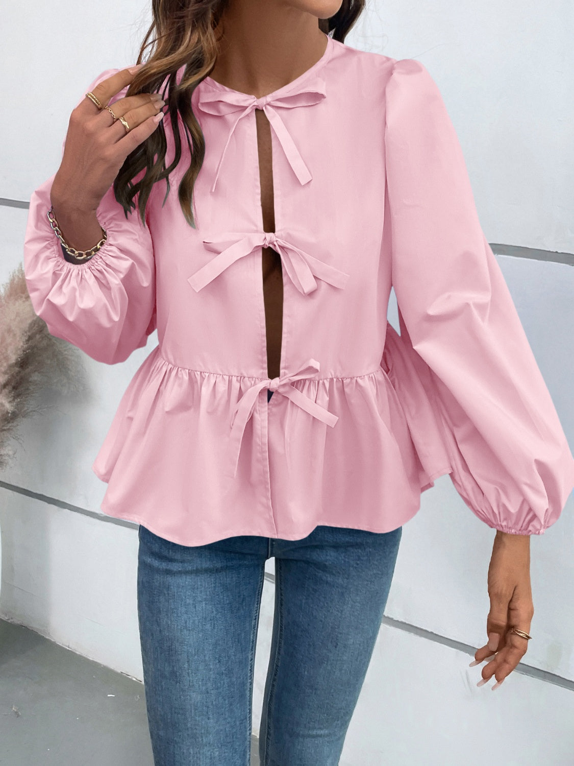 Ivy Lane Peplum Tied Long Sleeve Blouse 