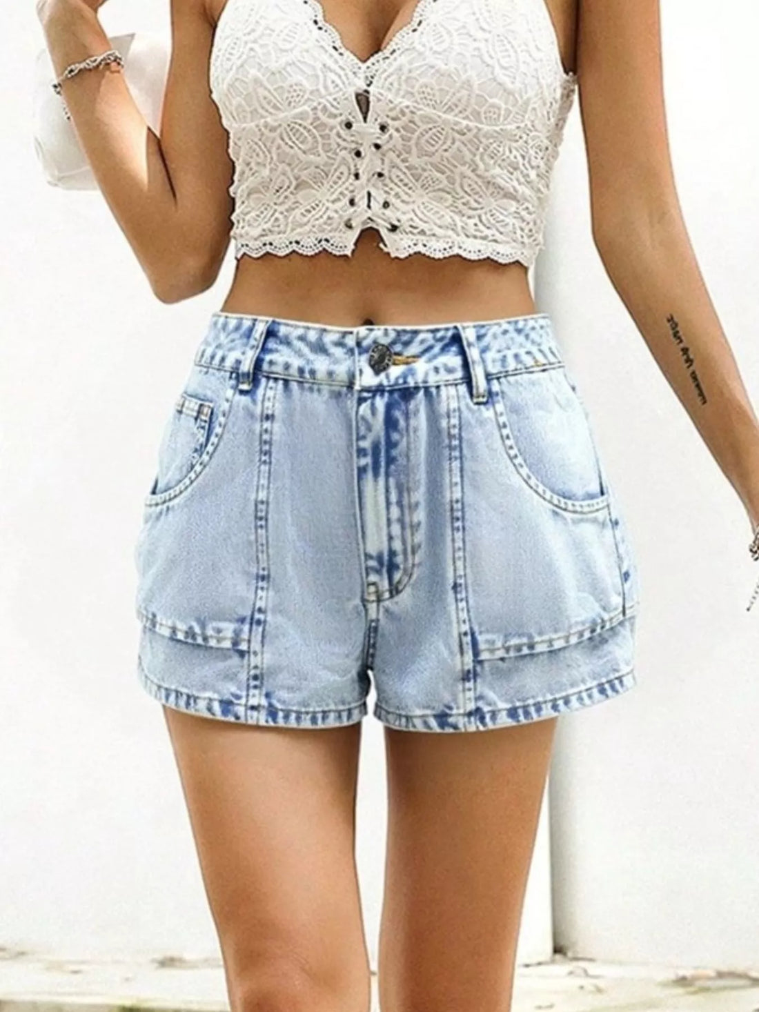 High-Waisted Wash Denim Shorts 