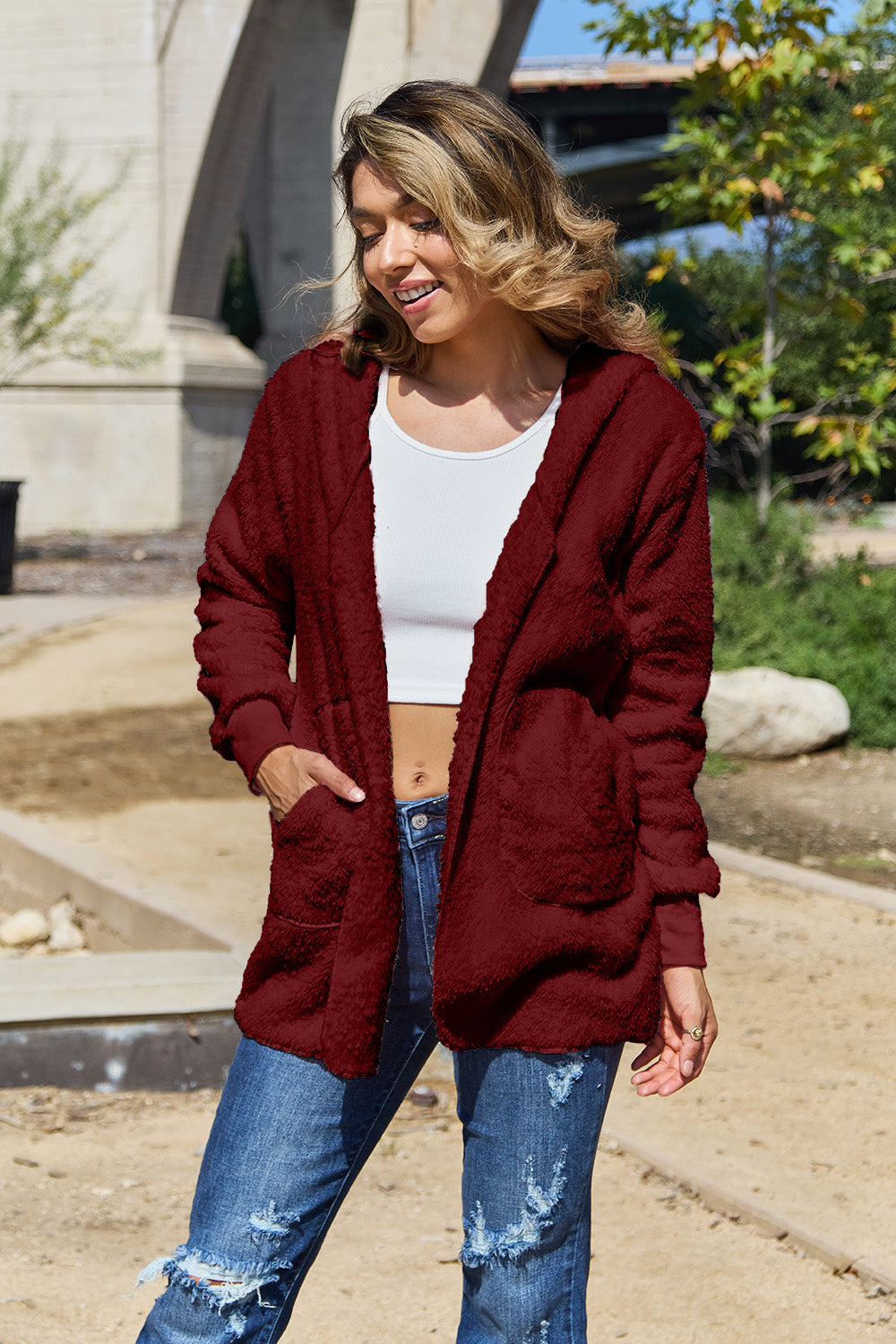Full Size Teddy Hooded Jacket with Pockets 