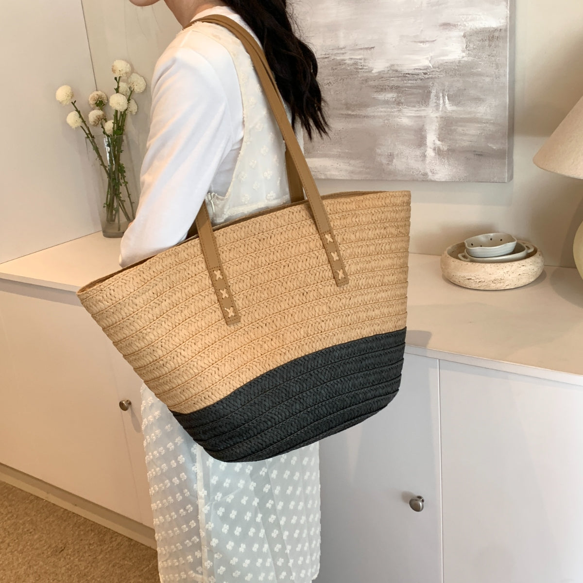 Contrast Straw Braided Handbag 