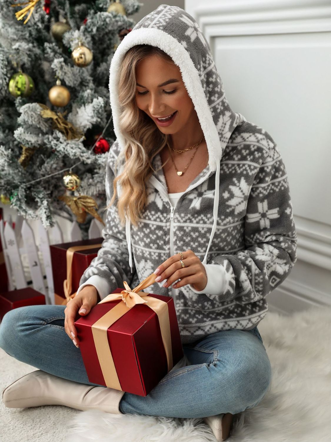 Drawstring Snowflake Zip Up Hooded Outerwear 