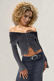 Double Take Ribbed Off-Shoulder Zip Up Long Sleeve Cardigan 