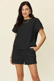 Double Take Full Size Texture Short Sleeve T-Shirt and Drawstring Shorts Set 