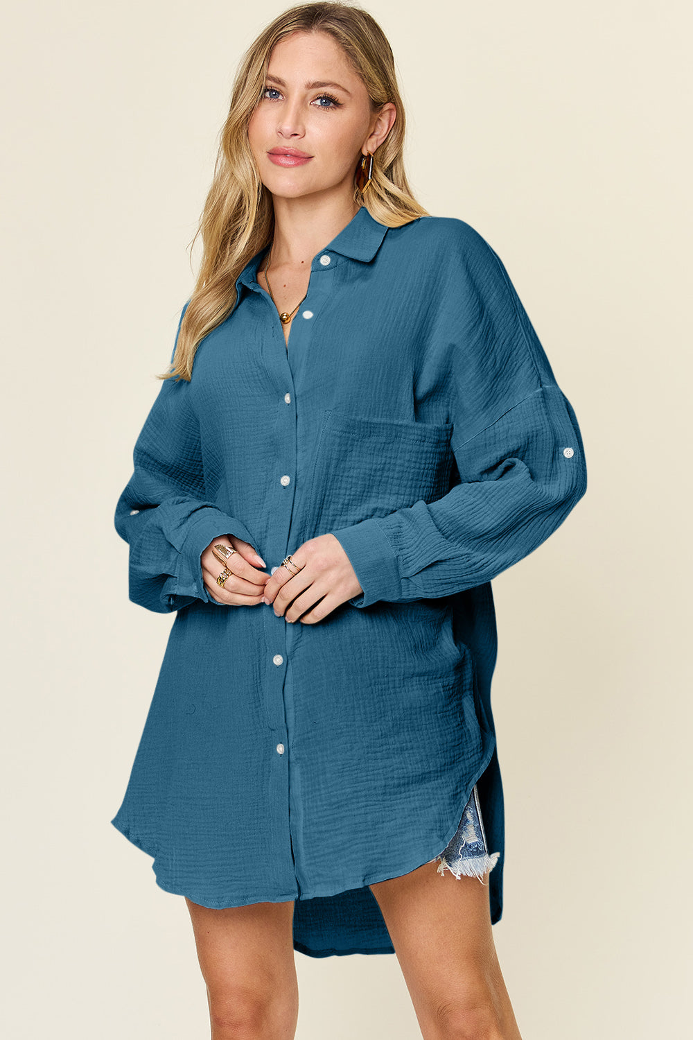 Double Take Full Size Pocketed Texture Button Up Shirt 