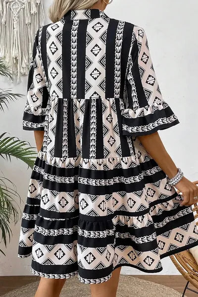 Tiered Printed Notched Half Sleeve Dress Dresses