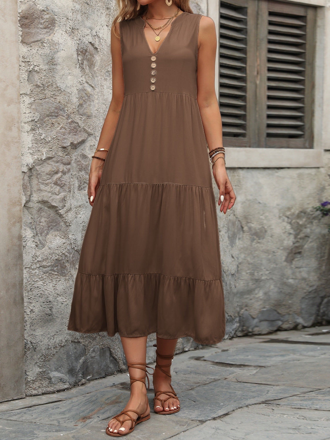 Ivy Lane Decorative Button Notched Sleeveless Dress 