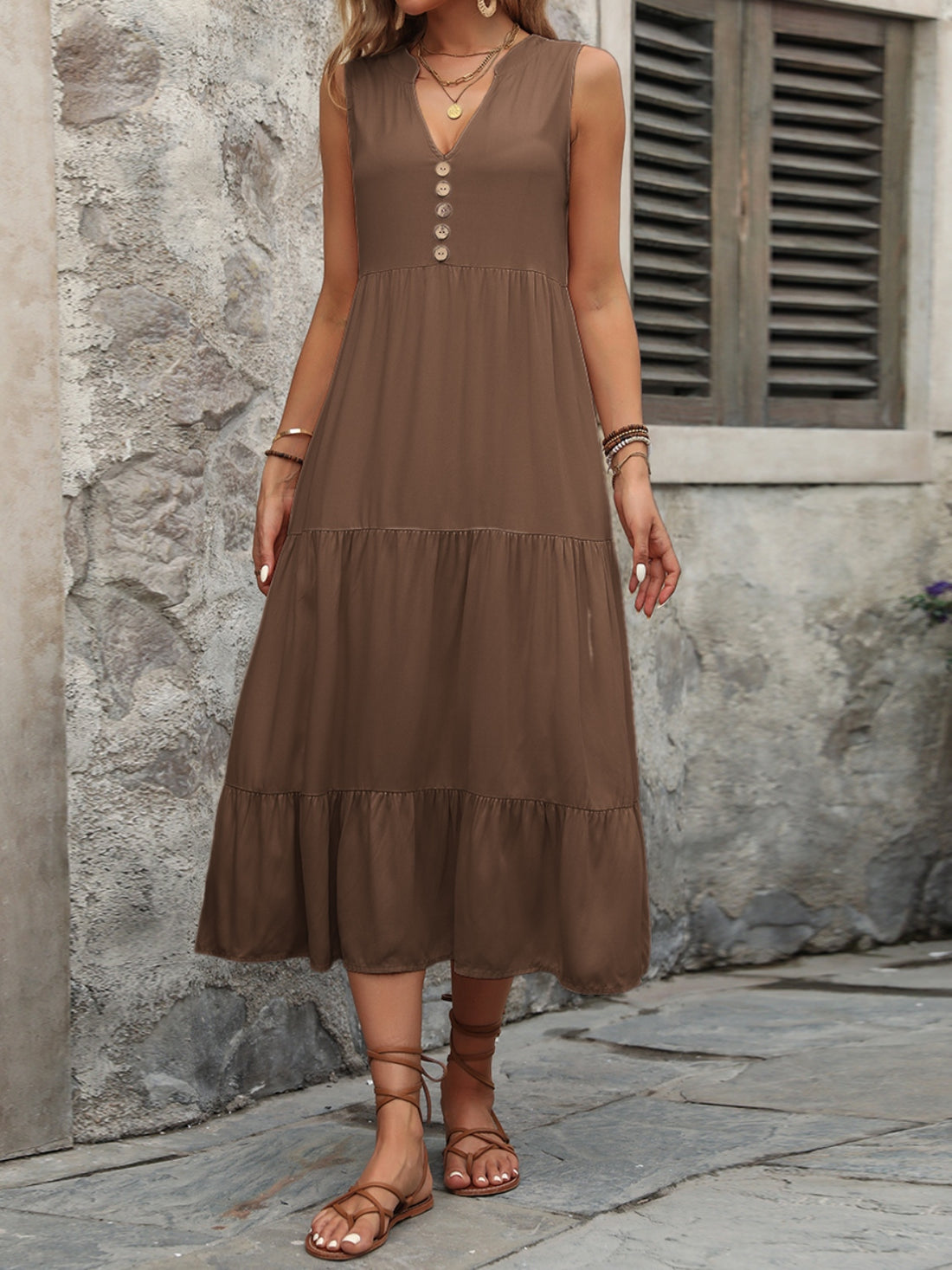 Ivy Lane Decorative Button Notched Sleeveless Dress 