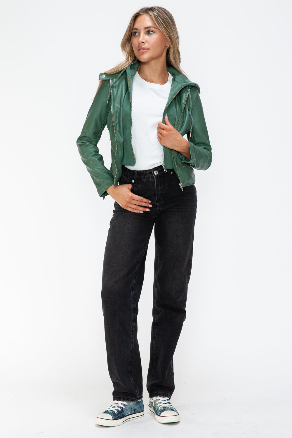 Snobbish Faux Leather Zip Up Drawstring Hooded Jacket 