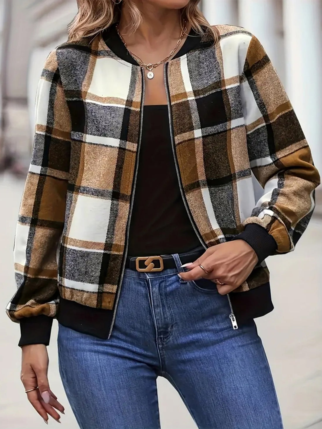Plus Size Plaid Baseball Collar Zip Up Jacket 