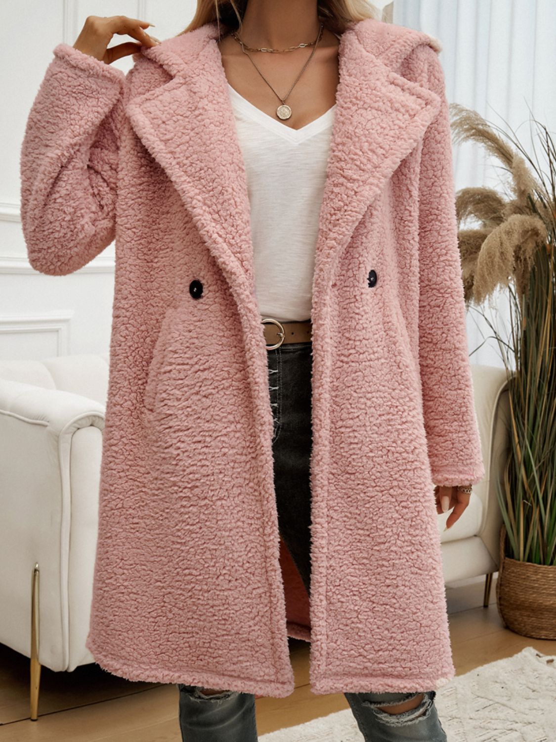 Devine Pocketed Long Sleeve Hooded Teddy Coat 