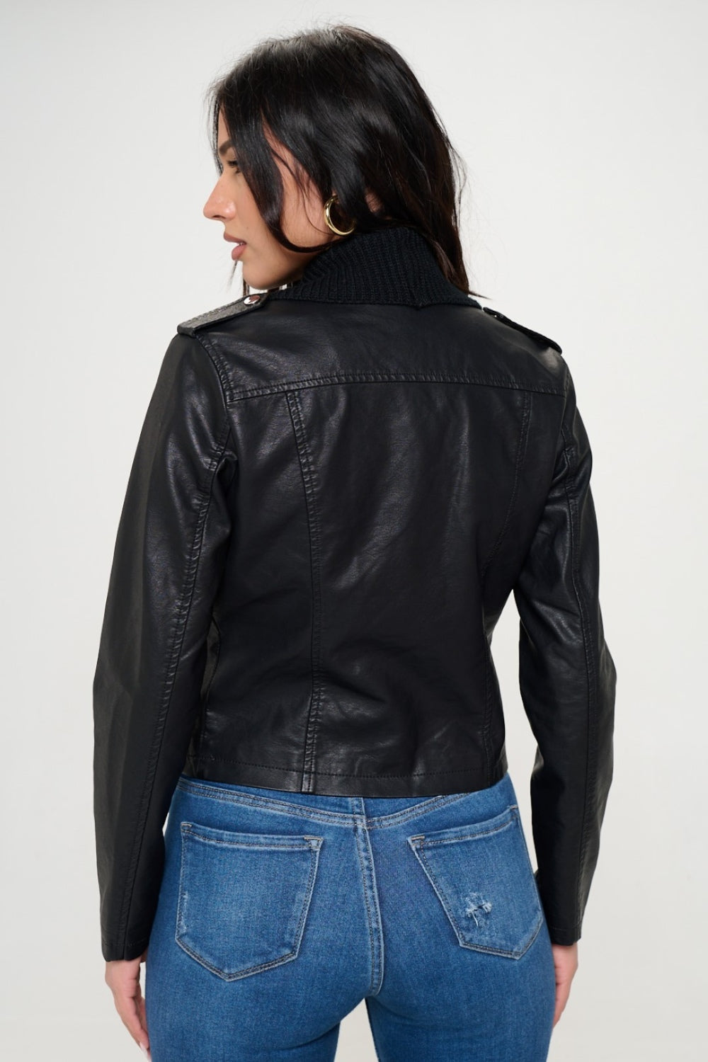 Coalition LA Knit Collared Faux Leather Crop Jacket 
