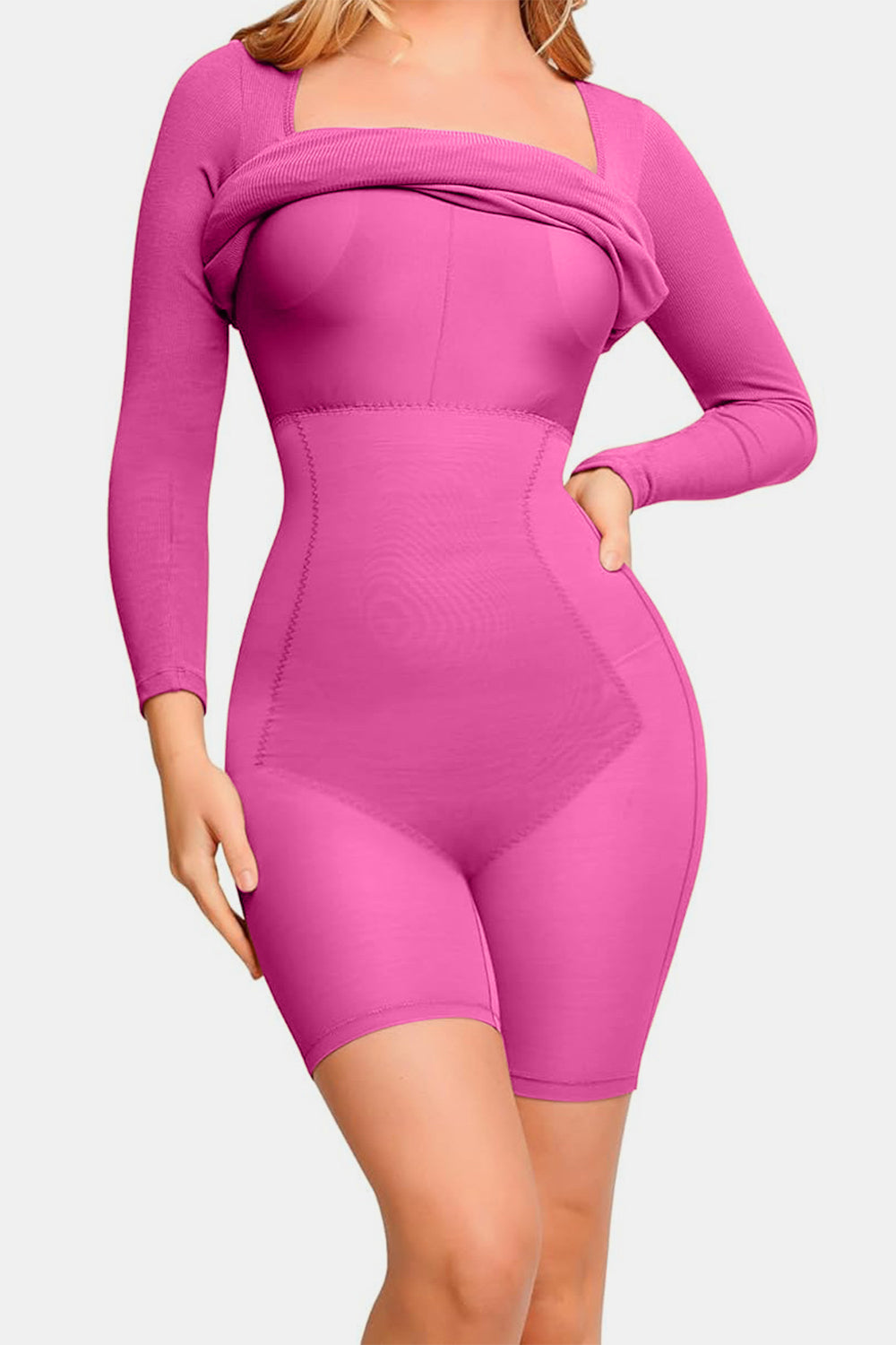 Basic Bae Full Size Built-In Shapewear Square Neck Long Sleeve Dress 