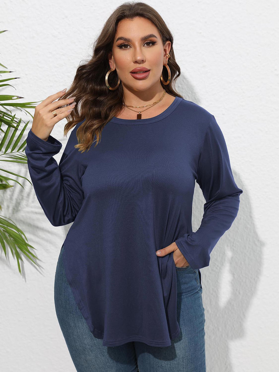 Plus Size Round Neck Long Sleeve Slit T-Shirt 