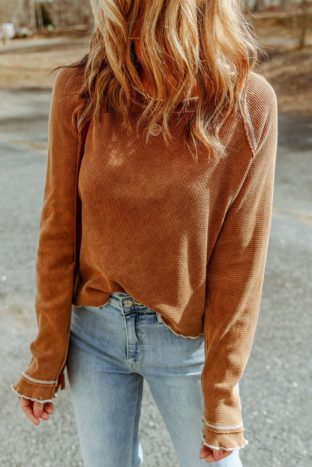 Black Textured Round Neck Long Sleeve Top Tops/Long Sleeve Tops