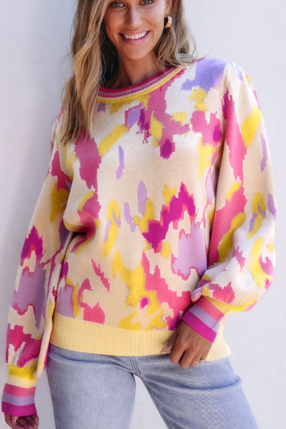 Contrast Round Neck Long Sleeve Sweater 