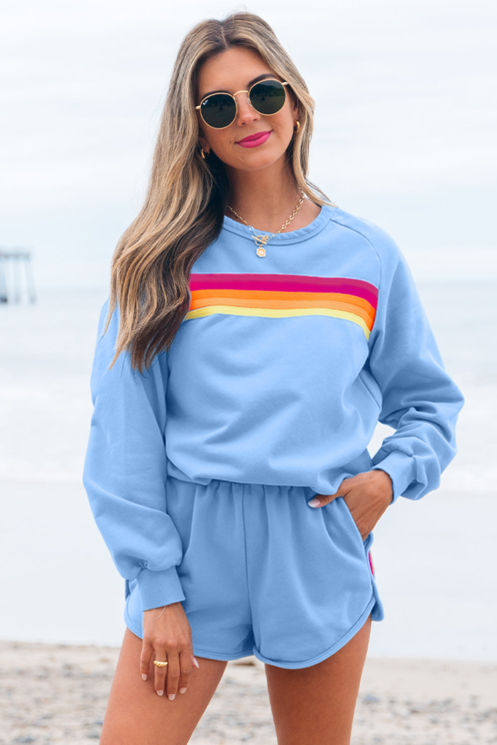 Beau Blue Striped Accent Pullover and Shorts Two Piece Casual Set Two Piece Sets/Short Sets
