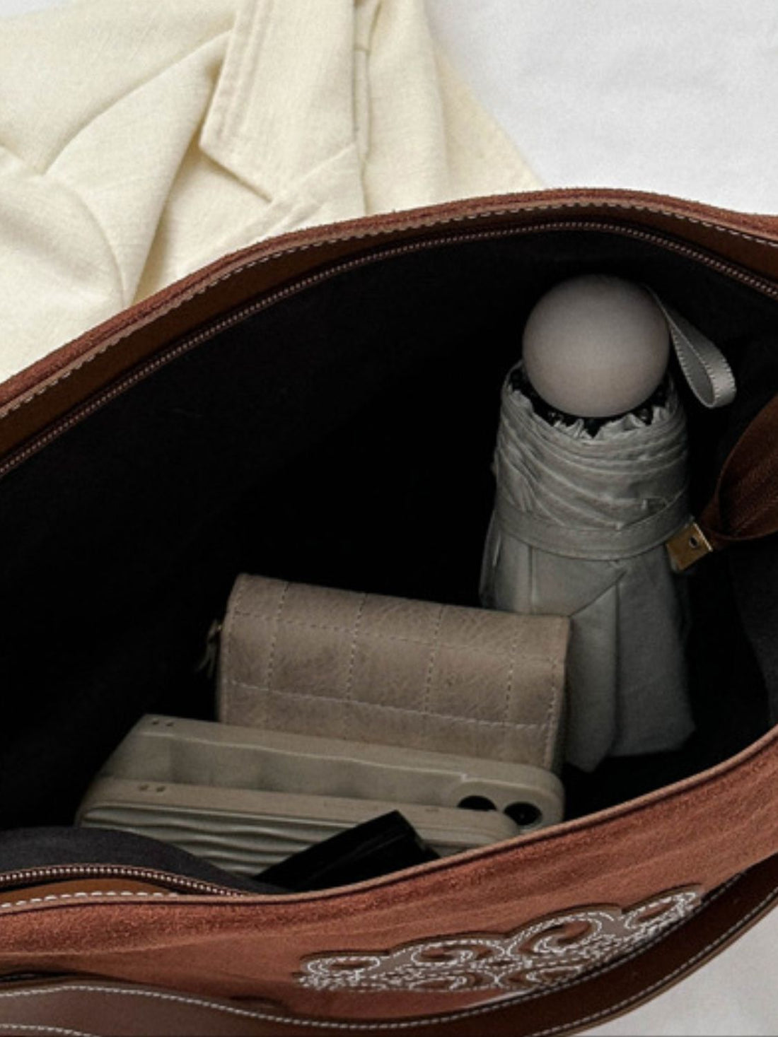 Suede Patch Adjustable Strap Tote Bag 